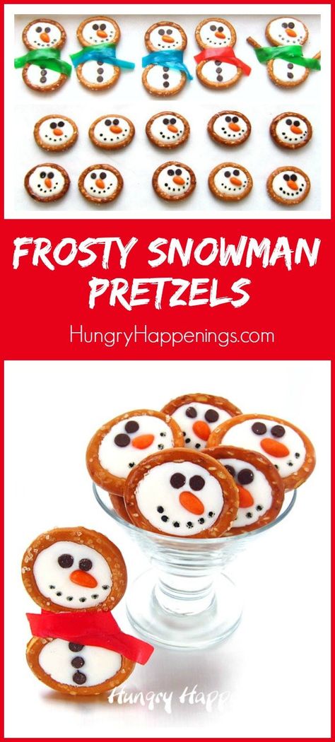 Snowman Pretzels, Christmas Pretzels, Snowman Treats, White Chocolate Pretzels, Chocolate Frosty, Frosty Snowman, Edible Crafts, Holiday Dessert Recipes, Chocolate Pretzels