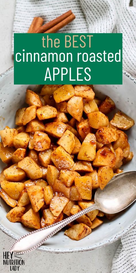 Cinnamon Roasted Apples! This is an easy and healthy recipe for apples baked in the oven with cinnamon and a touch of brown sugar. Eat them for dessert, add them to your breakfast, or just straight from the pan! Baked Blooming Apples, Cinnamon Apples Crockpot Easy, Baked Cinnamon Pears, Baked Apples With Granola, Apples Healthy Recipes, Quick Baked Apples, Airfryer Apples Healthy, Cooked Cinnamon Apples Easy, Apple Recipes Keto