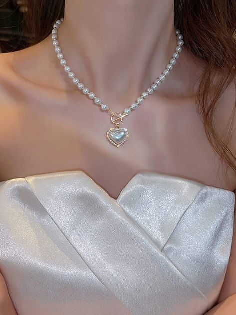 Rhinestone & Faux Pearl Heart Charm OT Buckle Necklace | SHEIN USA Buckle Necklace, Inexpensive Jewelry, Heart Shaped Pendant Necklace, Jewelry Accessories Ideas, Neck Jewellery, Classy Jewelry, Rhinestone Heart, Heart Shape Pendant, Fancy Jewelry