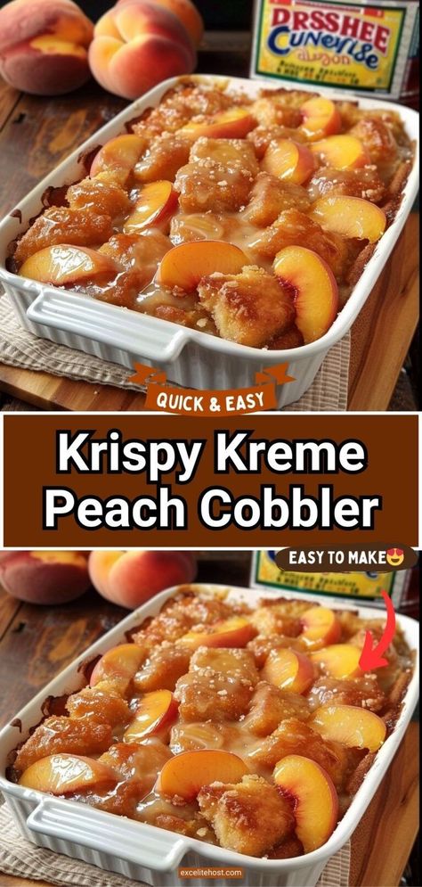 Krispy Kreme Peach Cobbler Y'all!! Krispy Kreme Peach Cobbler!! It's aaaahhhhmmaaazing! You Need: 2 bags of peach slices (about 6-8 peaches) 2 boxes of... Recipes With Krispy Kreme, Kristy Kreme Peach Cobbler, Krispy Cream Peach Cobbler, Donut Peach Cobbler, Krispy Kreme Peach Cobbler, Peach Cobbler Canned Peaches Recipes, Cookout Dessert, Peach Cobbler With Fresh Peaches, Krispy Kreme Bread Pudding