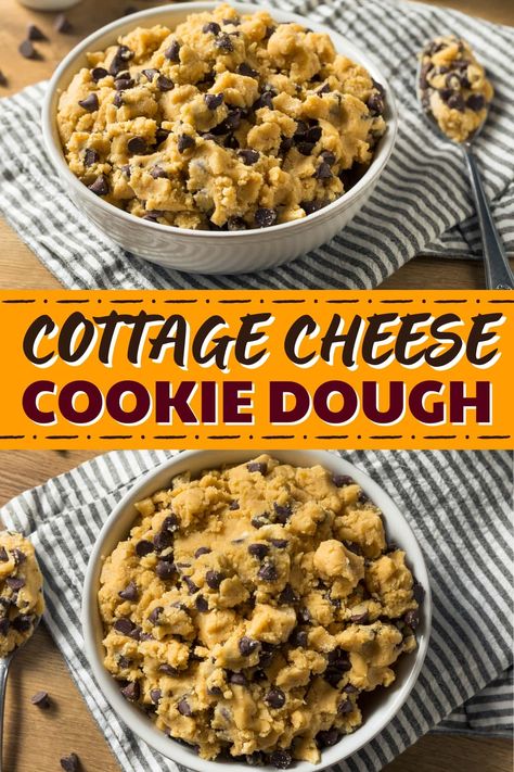 This cottage cheese cookie dough recipe went viral on TikTok! It's made with cottage cheese, maple syrup, chocolate chips, and more! Cottage Cheese Cookie Dough, Cottage Cheese Recipes Healthy, Cheese Desserts, Cottage Cheese Desserts, Cookie Dough Recipe, Bites Recipes, Cookie Dough Truffles, Cottage Cheese Recipes, Cookie Dough Recipes