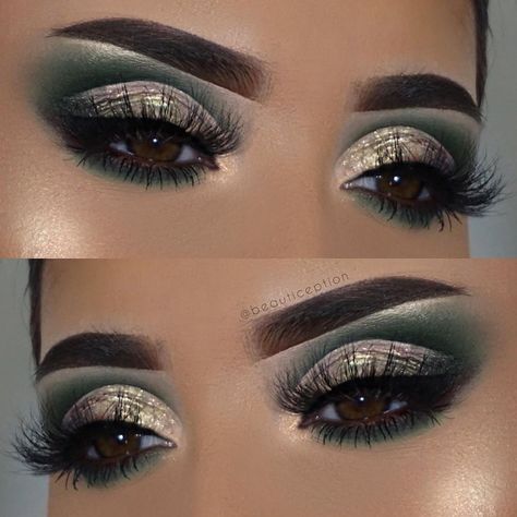 Emerald Green Makeup Looks For Brown Eyes, Make Up Green And Gold, Emerald And Gold Makeup Looks, Forest Green Prom Makeup, Emerald Green And Gold Quince Makeup, Green Makeup Green Eyes, Dark Green Quinceanera Makeup, Gold And Emerald Makeup Looks, Emerald Green 15 Makeup