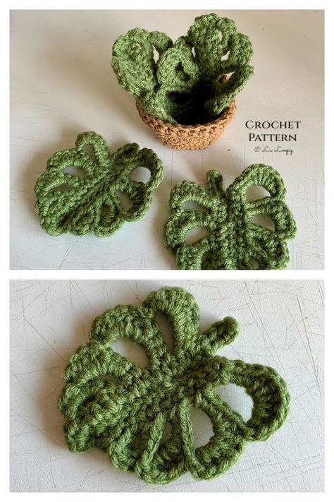 Monstera Leaf Coasters with Planter Pot Crochet Pattern Crochet Idea Free Pattern, Crochet And Wood Ideas, How To Crochet A Plant, Plants Crochet Pattern Free, Leafs Crochet Pattern Free, Crochet Plant Leaves, Crochet Plants Free Pattern Easy, Free Leaf Crochet Pattern, Crochet Pot Plant