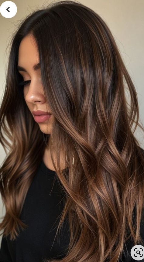 Hair Dye Balayage Dark Brown, Brown Hair And Caramel Balayage, Dark Caramel Hair With Highlights, Dye Brown Hair Ideas, Dark Hair Brown Balayage, All Over Brown Hair Color Fall, New Hair For Brunettes, Hair Balayage Dark, Hair Ideas For Dark Skin Tones