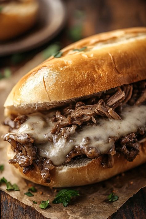 Irresistible Crockpot French Dip Sandwiches: A Slow-Cooked Delight! Beef Tenderloin Au Jus Recipe, Irish Pub Sandwiches, Leftover Au Jus What To Do With, Pot Roast Sandwich Recipes, Roast Beef Sandwich With Au Jus, Hot Beef Sandwiches Crockpot, Deli Roast Beef Recipes, Pretzel Bun Sandwich Ideas, Pretzel Buns Sandwich