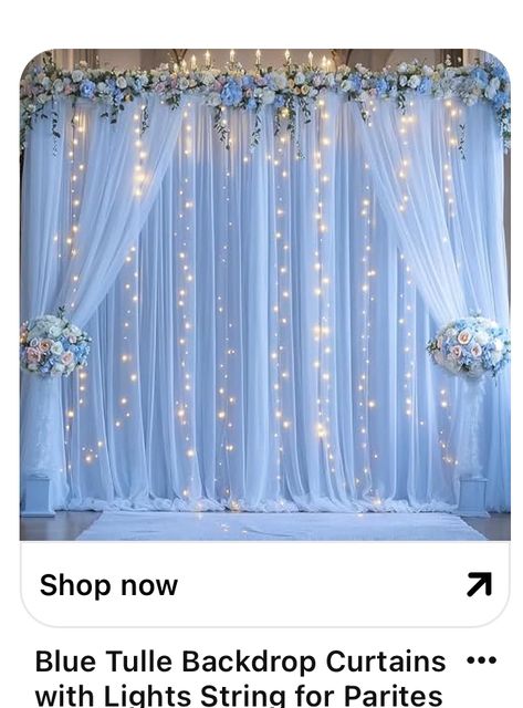 Blue Tulle Backdrop, Quince Decor Light Blue, Sky Blue Party Decorations, Royal Blue Backdrop Ideas, Sweet 16 Blue Theme Winter Wonderland, Sky Blue Sweet 16 Decorations, Winter Quinceanera Ideas Decoration, Pearl Backdrop Ideas, Blue Sweet 16 Backdrop