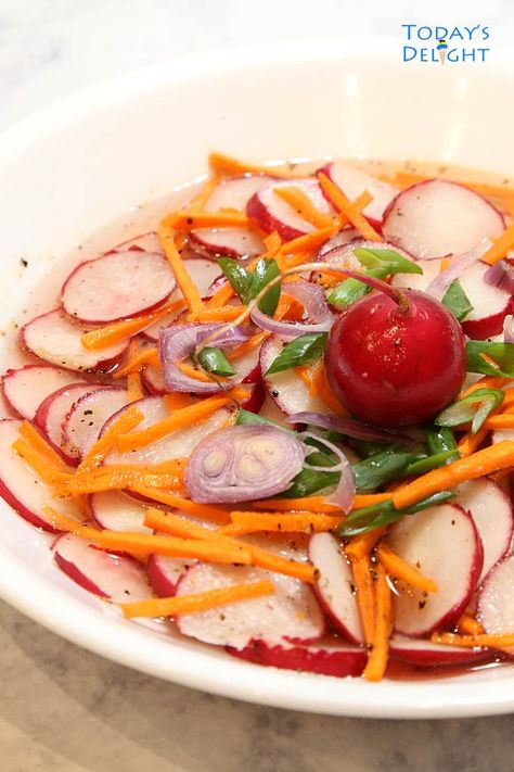 Asian Carrot Radish Salad via @todaysdelight8888 Korean Radish Salad Recipe, Asian Radish Recipes, Radish Salad Recipe Simple, Radish Recipes Salad, Vegetable Appetizer, Cultural Recipes, Vegetable Salads, Keto Salads, Vegetable Appetizers