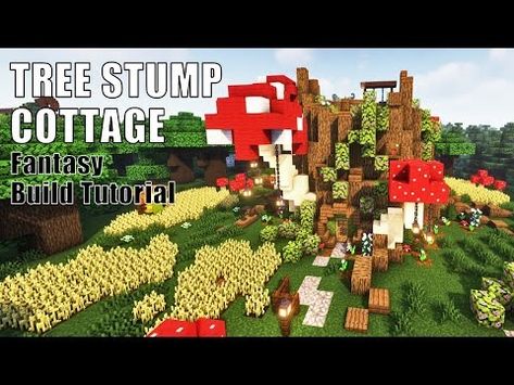 Tree Stump House, Minecraft Mushroom, Log Cottage, Stump House, Giant Mushroom, House Tutorial, Fantasy Tree, Build Inspiration, Log House