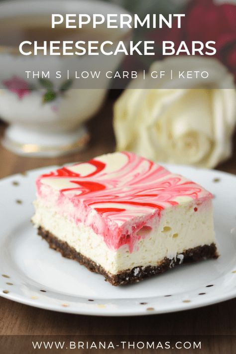 These Peppermint Cheesecake Bars are easy to make and have the most amazing texture! They make the perfect Christmasy THM S and low carb dessert! You don’t even need a spring-form pan to make them. Trim Healthy Mama friendly, gluten free, sugar free, keto. #brianathomas #trimhealthymama #thm #sugarfree #glutenfree #lowcarb #keto #cheesecake #peppermint #Christmas #healthydessert #holidaydessert Keto Christmas Desserts Peppermint, Keto Peppermint Dessert, Thm Christmas Desserts, Gluten Free Peppermint Cheesecake, Thm Christmas Recipes, Keto Peppermint Cheesecake, Keto Christmas Cheesecake, Healthy Peppermint Desserts, Black Raspberry Cheesecake Recipe