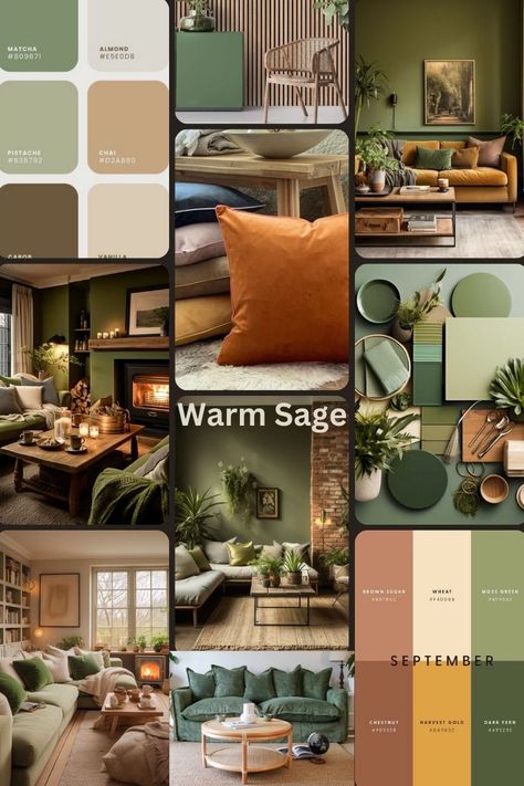 Home Decor Nature Inspired Color Palettes, Rustic Home Mood Board, Terracotta And Sage Interior, Modern Indie Interior Design, Sage Green And Ochre Living Room, Green And Ochre Living Room, Rust Navy Green Bedroom, Emerald Green And Rust Living Room, Earthy Bright Living Room