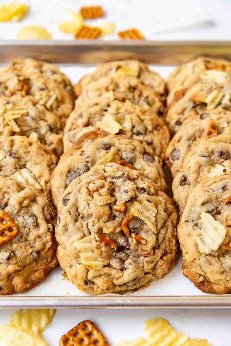 Kitchen Sink Cookies (which are sometimes also called compost cookies) are made with a soft vanilla cookie dough base that's then loaded with chocolate chips, salty pretzel pieces, potato chips, crunchy Graham Cracker pieces, and toffee bits—basically everything but the kitchen sink! These are a HUGE favorite and one that my real life friends and family request over and over because they are just so dang good! #kitchensinkcookies #compostcookies #cookies Everything But The Kitchen Sink Cookies Recipes, Vanilla Cookie Dough, Kitchen Sink Cookies Recipe, Compost Cookies, Panera Copycat, Sink Cookies, Kitchen Sink Cookies, Potato Chip Cookies, Everything But The Kitchen Sink