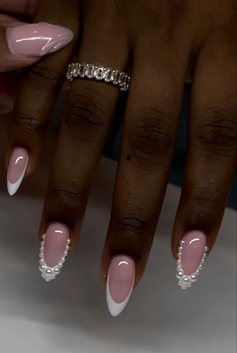 French Manicure Acrylic Nails Almond, Almond French With Pearls, Pearl Almond Acrylic Nails, Almond Pearl French Tip Nails, Birthday Nail Ideas Almond, Almond French Tip With Pearls, Pearl Prom Nails, Acrylics With Pearls, Chrome French Tip Toes