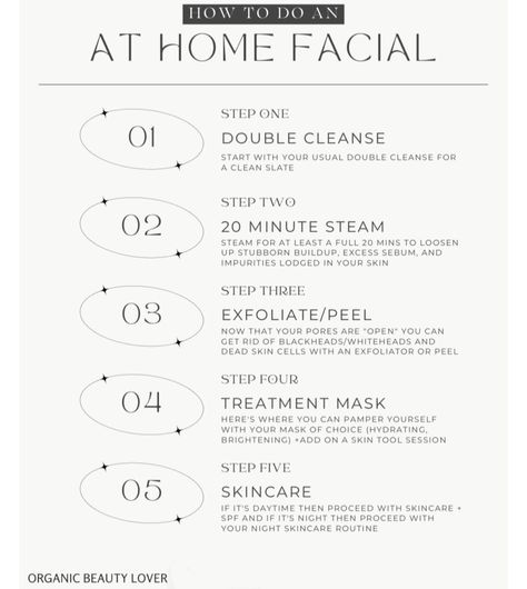 How I do an At-Home Facial in 5 Steps (for glowing skin) - Organic Beauty Lover Deep Facial Cleaning Steps, Home Facial For Glowing Skin Steps Diy, Facial Process Step By Step, Facial Ideas At Home, Glowing Facial At Home, Home Facials For Black Women, At Home Facial Products, How To Give A Facial At Home, Facial Order Of Application