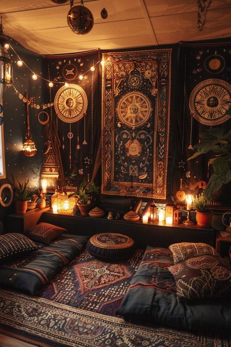 29 Dark Academia Decor Ideas to Enrich Your Home with Scholarly Charm 26 Floor Meditation Space, Spiritual Decor Ideas Home Living Room, Meditation Set Up, Witchy Meditation Room, Witchy Lighting, Dark Fantasy Decor, How To Build An Altar, Witchy Office Space, Dark Yoga Room