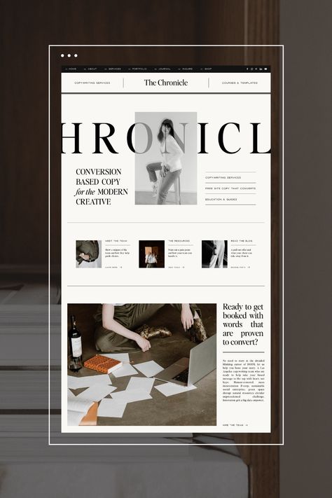 Editorial is IN! Making our Chronicle template a quick customer favorite! This modern website design is overloaded with features for the content heavy creative. Luxury typography and linear layouts inspired by high fashion newspaper and magazines. Easy-to-edit, drag and drop Showit Website Template by Northfolk Newspaper Website Design Inspiration, Magazine Quote Layout, Fashion Magazine Website, Magazine Style Website Design, Newspaper Website Design, Editorial Website Layout, Elegant Magazine Layout, Elegant Editorial Design, Luxurious Website Design