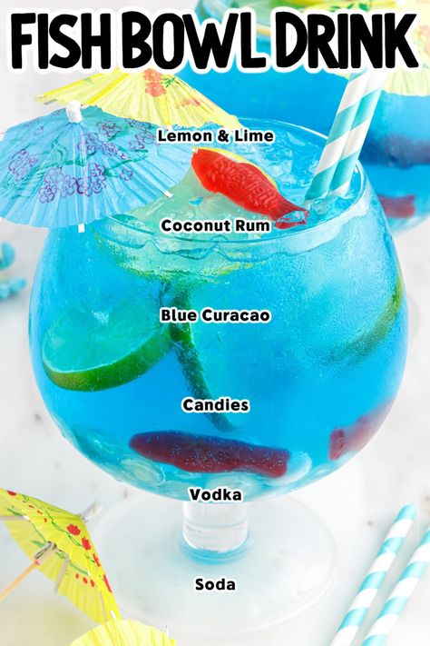 Fish Bowl Drink, Fruity Vodka Drinks, Gummy Bear Drink, Blue Alcoholic Drinks, Mixed Drinks Alcohol Recipes, Blue Curacao Drinks, Fishbowl Drink, Fish Cocktail, Gummy Fish