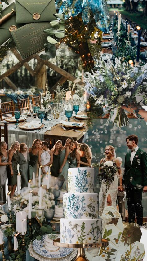 Multiple Color Wedding, Blue Woodsy Wedding, Turquoise And Green Wedding, Black Green And Blue Wedding, Emerald And Light Blue Wedding, Blue Forest Wedding Theme, Blue Green Fall Wedding, Navy Forest Green Wedding, Wedding Blue And Green Theme