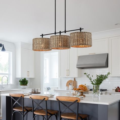 Kitchen Island And Dining Table, Island And Dining Table, Drum Pendant Lighting, Island Chandelier, Rattan Shades, Light Kitchen Island, Rattan Pendant Light, Table Led, Inspire Me Home Decor