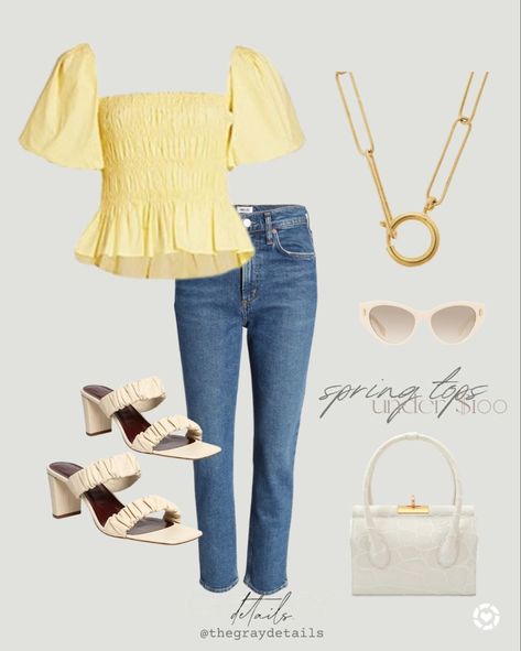 Yellow Puff Sleeve Top, Pastel Yellow Top Outfit, Puff Sleeves Outfit Casual, Yellow Top Outfit Ideas, Yellow Brunch Outfit, Yellow Top Outfit Summer, Easter Outfits Casual, Easter Outfit Family, Pastel Yellow Outfit