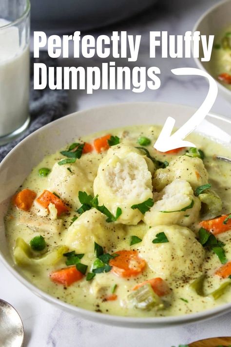 Learn all the tips and tricks to make super fluffy dumplings that cook up light and airy in your soup or stew. Also known as Drop Dumplings. The Best Chicken And Dumplings, Fluffy Dumpling Recipe, Dumplings Video, Best Chicken And Dumplings, Fluffy Dumplings, Drop Dumplings, Creamy Chicken Stew, Easy Dumplings, Stew And Dumplings