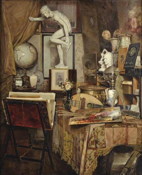 Louis Gontier INTÉRIEUR D'ATELIER Victorian Art Studio, Painting Studio Aesthetic, Eclectic Art Studio, Artist Studio Aesthetic, Artist Room Aesthetic, Art Studio Aesthetic, Oil Painting Studio, Vintage Art Studio, Painter Studio