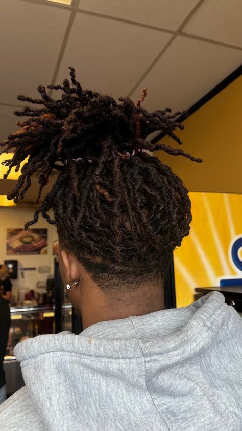 Braid Loc Styles Men, Dreads Updo Styles Men, How To Make Your Locs Grow Fast, Short Loc Styles For Men With Fade, Temp Fade With Dreads, Loc Hairstyles Medium Length, Low Taper Dreads, Medium Small Locs, Low Taper Locs