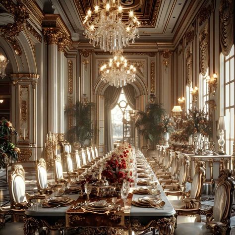 Fantasy Palace Interior, Castle Dining Hall, Palace Dining Room, Sims Castle, Royal Castles Interior, Royal Dining Room, Royalty Room, Castle Dining Room, Hollywood Style Bedroom