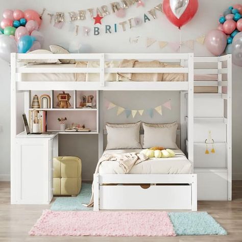 Full Over Twin Bunk Bed with Desk, Drawers and Shelves - Bed Bath & Beyond - 40535809 Room With Bunk Beds Ideas, Girls Bedroom Ideas Bunk Beds, Girls Room With Bunk Beds, Bunk Bed Girls Room, Girls Room Bunk Beds, Full Over Twin Bunk Bed, Desk For Girls Room, Bunk Beds For Girls Room, Room With Bunk Beds