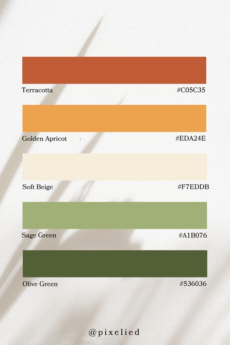 This palette combines the earthy tones of terracotta and golden apricot with the soft, neutral shade of beige, balanced by the natural greens of sage and olive. Color Palette Green Terracotta, Green Pink Terracotta, Bright Earthy Colour Palette, Colour Palette With Sage Green, Bold Earth Tones, White Kitchen Accent Color, Terra Cotta And Green Color Palette, Bright Olive Green Color Palette, Earthy Color Combinations