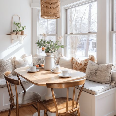 Corner Breakfast Nook Round Table, Conversation Area In Kitchen, Desk And Dining Table Combo, Built In Eating Nook, Nook Tables Kitchen, Kitchen Dinette Ideas, Cozy Dining Nook, Apartment Kitchen Nook, Corner Nook Ideas Kitchen