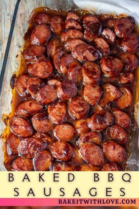 Easy, tasty bbq baked sausages are a go-to weeknight main dish for quick dinners on short notice! This recipe is practically effortless but so flavorful that your kids will want this dish to be a regular part of your menu rotation! Bbq Sausages, Bbq Sausage, Smoked Sausage Recipes, Kielbasa Recipes, Sausage Dishes, Sausage Bake, Favorite Dinner, Pork Dishes, Sausage Recipes