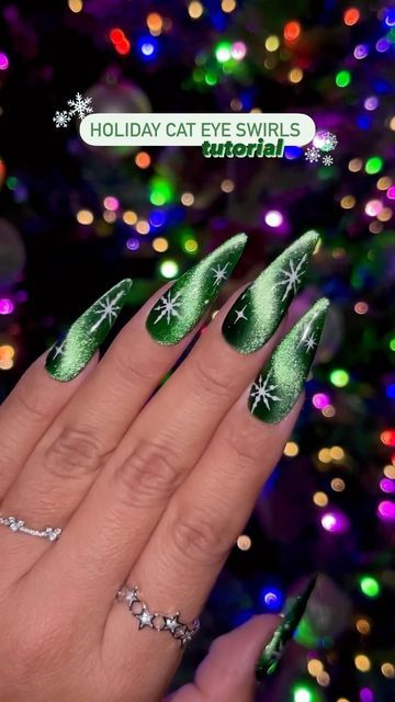 Jeanette Flores on Instagram: "Holiday cat eye swirls 🎄💫🤩❄️ SAVE this tutorial for holiday nail inspo🎥💅🏽 Using @dndgel (code: JEN25) •Purrsian Purrfection 9D cat eye •Double Head Cat Eye Magnet •White Chalk 056 •Nail Art Liner Brush No. 11 •Top Coat #tutorial #nailarttutorial #howto #easynailart #diynails #cateyenails #holidaynails #christmasnails #nailtrends #velvetnails #glitternails #holonails #colorchangingnails #viralnails #cateyegelpolish #nailinspiration #gelextensions #pressonnails #holographicnails #nailvideos #nailreels #uñas #magneticnails #magneticpolish #velvetnails #dnd #dndgelpolish #dndgel #festivenails" Holiday Nail Inspo, Eye Nail Art, Fancy Nails Designs, Liner Brush, Christmas Gel Nails, Holiday Nail, Nail Art Designs Videos, Cat Eye Nails, Festival Nails