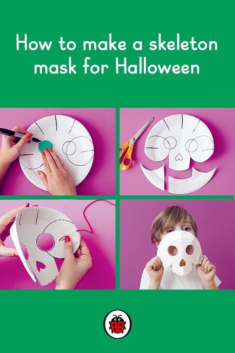 Kids Halloween Mask Craft, Skeleton Mask Diy, Halloween Diy Mask, Halloween Masks Diy, Paper Plate Skeleton, Halloween Mask Diy, Halloween Mask Ideas, Haloween Mask, Diy Halloween Mask