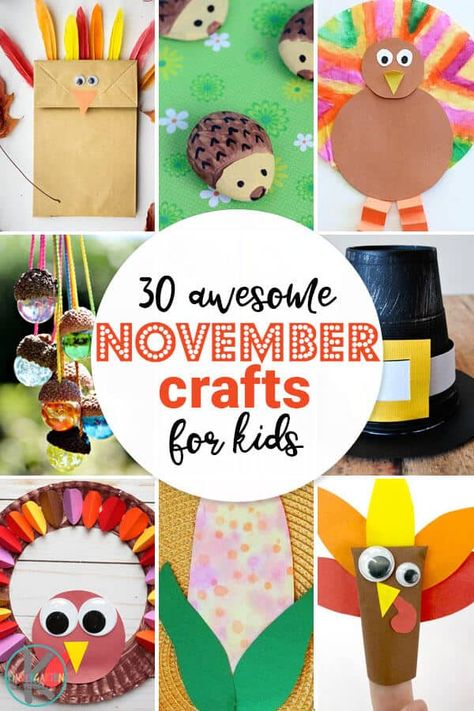 30 November Crafts fro Kids- so many fun, creative, and unique turkey crafts, fall crafts, pilgrim crafts, hedgehog crafts, and more november themes for kids of all.ages. #craftsforkids #november #preschool #kindergarten #kindergartenworksheetsandgames November Crafts For Kids, November Preschool Themes, Hedgehog Crafts, November Themes, Thanksgiving Name Cards, November Preschool, Pilgrim Crafts, Thanksgiving Crafts Preschool, November Crafts