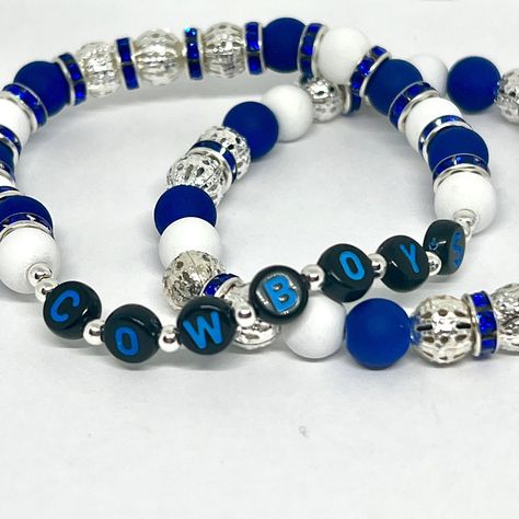 Experience awesomeness! Introducing Dallas Cowboy Football Bead Bracelets - Handcrafted Fan Accessories, available now at an amazing price of $10.00 #SportsJewelry #DallasCowboys #AcrylicBeads #StretchyBeads #SilverFiligreeBead #PolymerClayBeads #TeamSpirit #BlueWhiteSilver #TexasBracelets #FashionJewelry Cowboy Football, Dallas Cowboy, Sports Jewelry, Dallas Cowboys Football, Cowboys Football, Fan Accessories, Bead Bracelets, Polymer Clay Beads, Silver Filigree