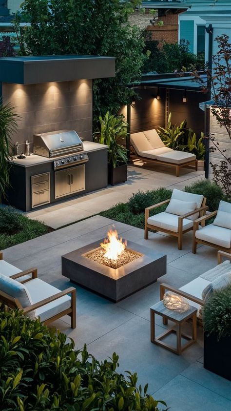 Backyard Bbq Landscape Ideas, Pergola Interior Design, Backyard Patio Designs Modern, Garden Fire Pit Area, Modern Outdoor Entertaining Area, Modern Backyard Fire Pit, Villa Backyard Design, Modern Bbq Area Outdoor, Small Outdoor Entertaining Area