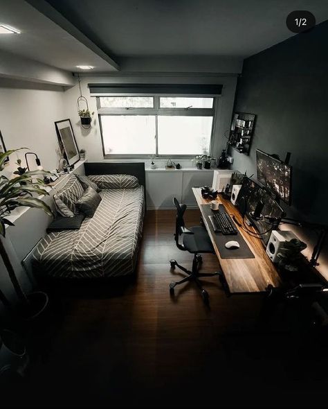 Small Room Setup, Guest Room Office Combo, Bedroom Workspace, Mens Bedroom Decor, Home Studio Setup, Guest Room Office, Apartment Bedroom Decor, Bedroom Setup, Dekorasi Kamar Tidur