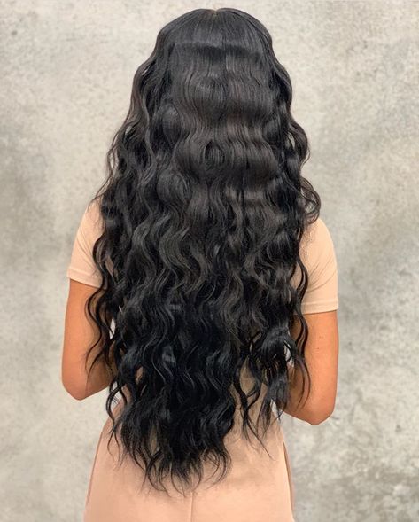 Long Mermaid Waves Hair, Long Hair Mermaid Waves, Mermaid Waves Black Hair, Beach Wave Extensions, Long Beach Waves Black Hair, Crimped Curly Hair, Long Black Crimped Hair, Black Beach Waves Hair, Long Waved Hair