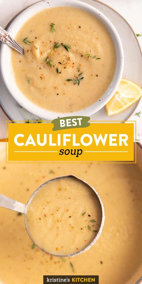 This Cauliflower Soup is smooth, creamy and comforting! Roasting the cauliflower brings out its delicious caramelized, nutty flavor. This roasted cauliflower soup recipe is healthy and easy to make! Cream Of Cauliflower Soup Recipe, Easy Cauliflower Soup, Cauliflower Soup Healthy, Cozy Soups, Cauliflower Soup Recipe, Creamy Cauliflower Soup, Roasted Cauliflower Soup, Broccoli Cheese Soup Recipes, Panini Recipes