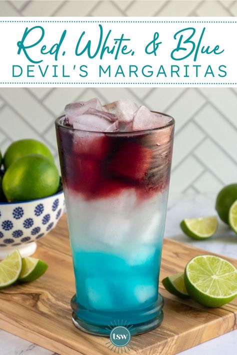 Red, White & Blue Devil’s Margaritas Red White Blue Cocktail, Blue Margaritas, Red White Blue Drink, Blue Alcoholic Drinks, Blue Margarita Recipe, Fruity Drink Recipes, Blue Tequila, Layered Cocktails, Blue Margarita