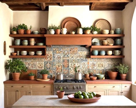 How To Create A Beautiful Mediterranean Style Kitchen Mediterranean Decor Kitchen, Modern Mediterranean Kitchen, Mediterranean Style Kitchen, Mediterranean Kitchen Design, Spanish Style Kitchen, Bathroom Wallpaper Ideas, Moroccan Kitchen, Mediterranean Living, Mediterranean Kitchen