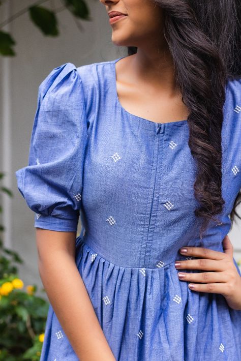 Rs.2400
Denim feel cotton dress with puffed sleeve. 

Model in the picture is wearing size S and length of the dress is 46 inches. Feeding Dresses Indian Style, Maternity Feeding Dress Pattern, Feeding Kurta Designs, Kurthis Models For Stitching Cotton, Maternity Cotton Dress, Feeding Tops Ideas, Cotton Dress Models For Stitching, Sleeves Design For Frocks, Puffed Sleeves Kurti