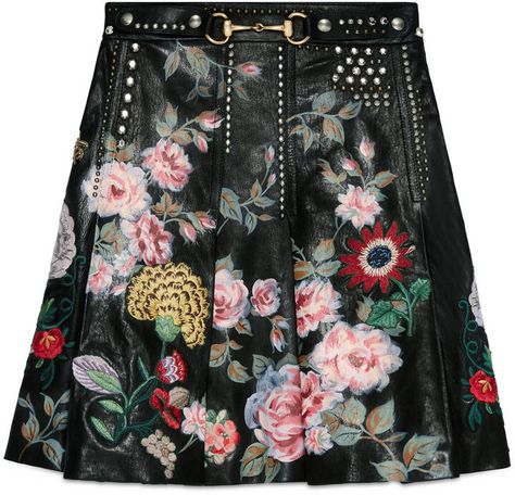 Hand-painted leather skirt Lil Spooky, Pleated Leather Skirt, Short Leather Skirts, Gucci Skirt, Studded Skirt, Flower Print Skirt, Black Floral Skirt, Pleated Skirt Short, Leather Pleated Skirt