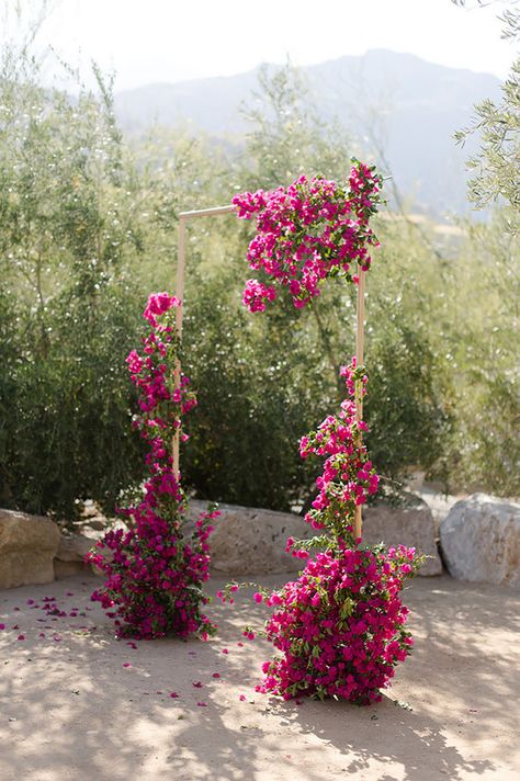 Modern bougainvillea-inspired wedding at The Ace Hotel Palm Springs - 100 Layer Cake Bouganvilla Arch Wedding, Bougainvillea Wedding Aisle, Bougainvillea Floral Arrangement, Buganvilla Wedding Decor, Artificial Bougainvillea Decor, Pink Bogenvilla, Bougenville Wedding Decor, Bougainvillea Flower Arrangement, Moab Wedding Flowers