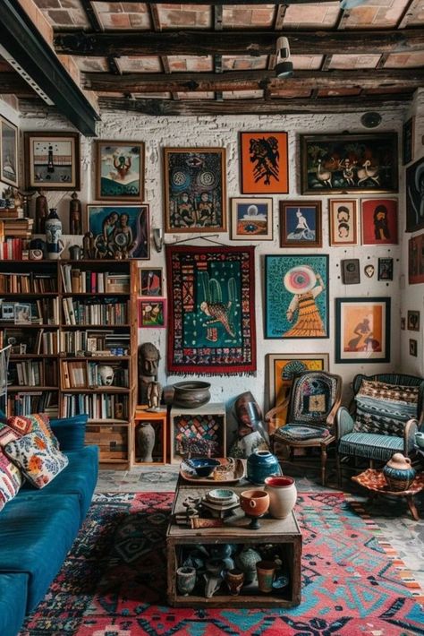 Maximalist Living Room Vintage, Art Wall Eclectic, Artistic House Design, Vintage Boho Interior Design, Eclectic Chic Living Room, Living Room Maximalist Decor, Artist Living Room Inspiration, Masculine Maximalist Decor, Brick Wall Decor Ideas Living Room