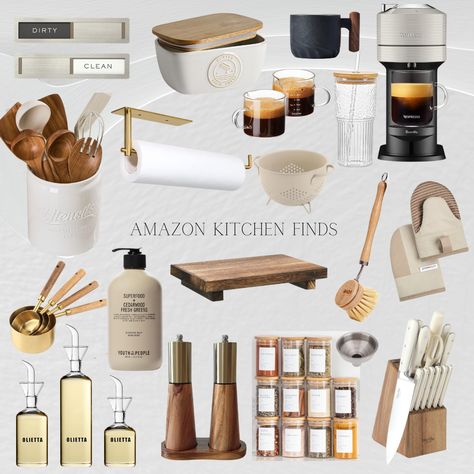 Amazon Kitchen Aesthetic, Aesthetic Kitchen Must Haves, Amazon Finds House Decor, Kitchen Decorating Ideas Black And White, Japandi Amazon Finds, Apartment Needs Amazon, Organic Modern Apartment Kitchen, Amazon Home Inspiration, Kitchen Cookware Aesthetic