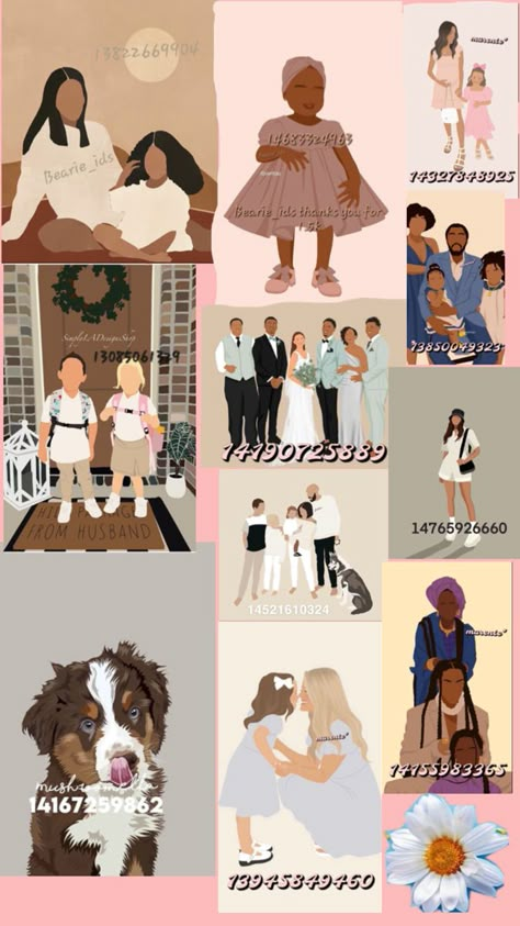 Decals For Berry Ave, Family Picture Drawing, Illustrated Family Portrait, Modern Decals, Cute Family Pictures, Bloxburg Decals Codes Aesthetic, Preppy Decal, Pic Code, Roblox Image Ids