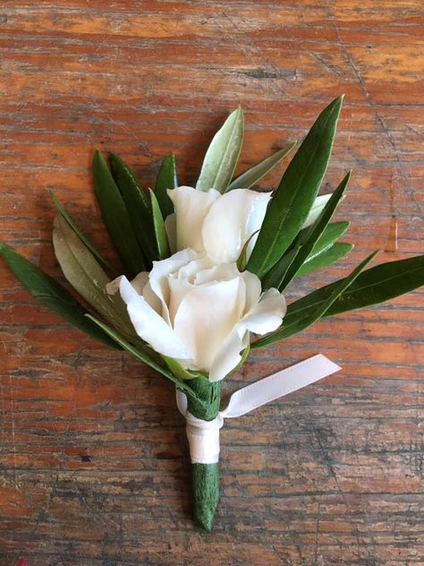 Olive Leaf Buttonhole, Ivory And Green Boutonniere, Olive Leaf Boutonniere, Bridal Bouquet Olive Leaves, White Lisianthus Boutonniere, Olive Leaves Bouquet, Olive Boutonniere, Olive Buttonhole, Bouquet With Olive Leaves