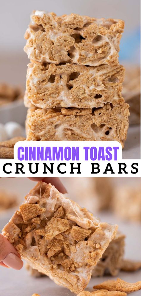 These cinnamon toast crunch bars are a delicious play on the more traditional classic rice krispie treats that we all love. They are made with the crowd’s favorite cinnadust-blasted cereal or cinnamon toast crunch that is dusted in cinnamon sugar. The crunch is impeccable and the addition of the gooey marshmallows makes it the whole family’s favorite sweet treat. Cinnamon Toast Crunch Bars, Cereal Treat Bars, Crunch Bars Recipe, Cinnamon Toast Crunch Cereal, Cereal Bars Recipes, Batch Recipes, Crunch Bars, Crunch Cereal, Cereal Bar