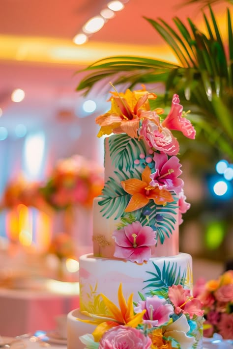 Light up your reception with 28 colorful tropical wedding cakes, each a festive celebration of tropical hues and flavors. Perfect for couples who want their wedding cake to spark joy and celebration. #ColorfulCelebrations #FestiveTropicals Tropical Themed Wedding Cake, Luau Theme Birthday Cake, Tropical Cake Decoration, Tropical Cake Flavors, Luau Cake Table, Tropical Flower Cake, Hawaiian Cake Ideas, Hibiscus Flower Cake, Tropical Party Cake